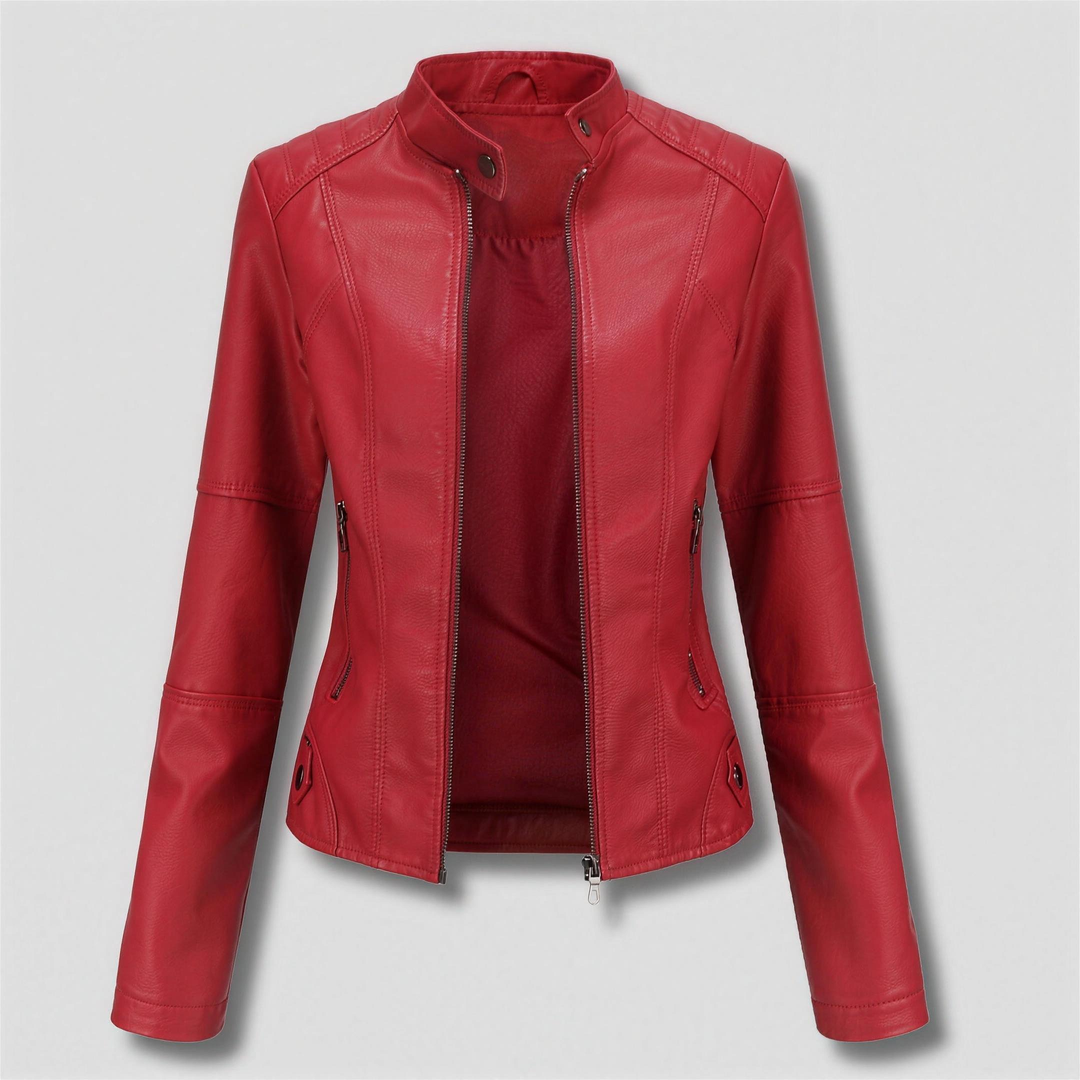 Red fitted faux leather moto jacket with a stand collar
