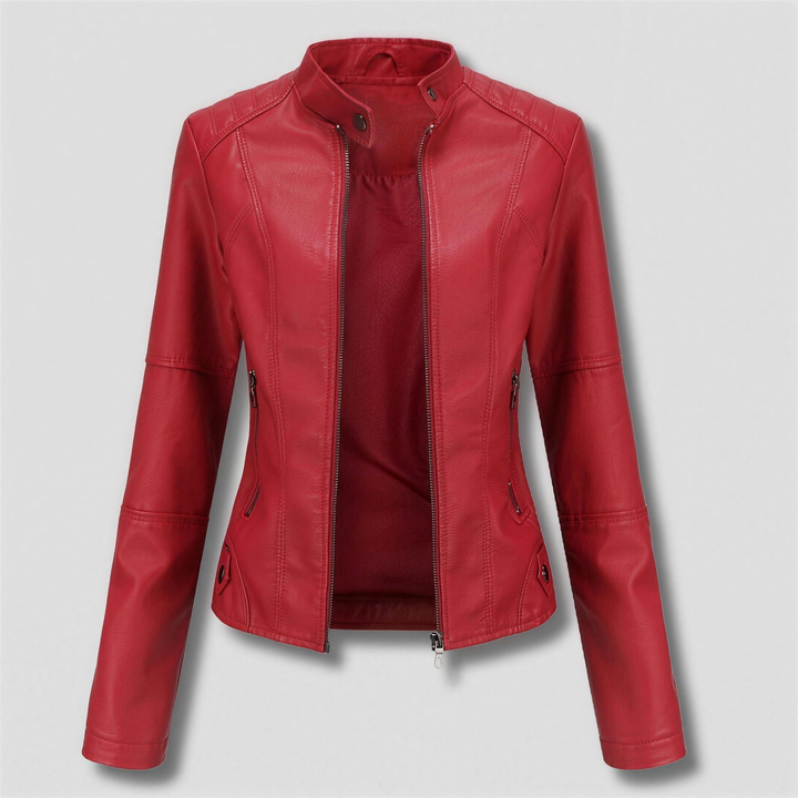 Red fitted faux leather moto jacket with a stand collar