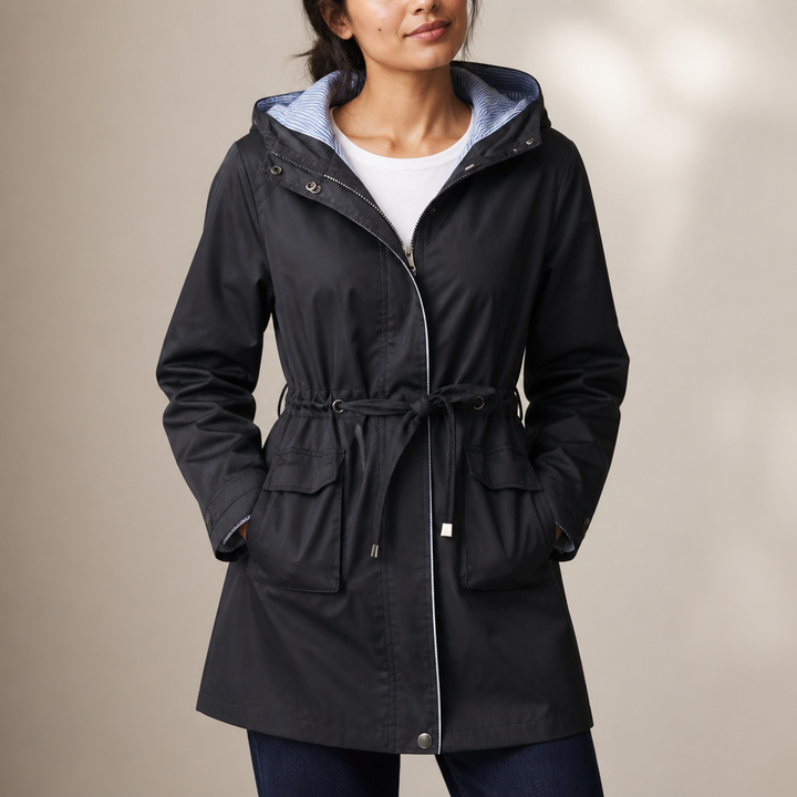 Belted Longline Rain Jacket — women's rain jacket in black