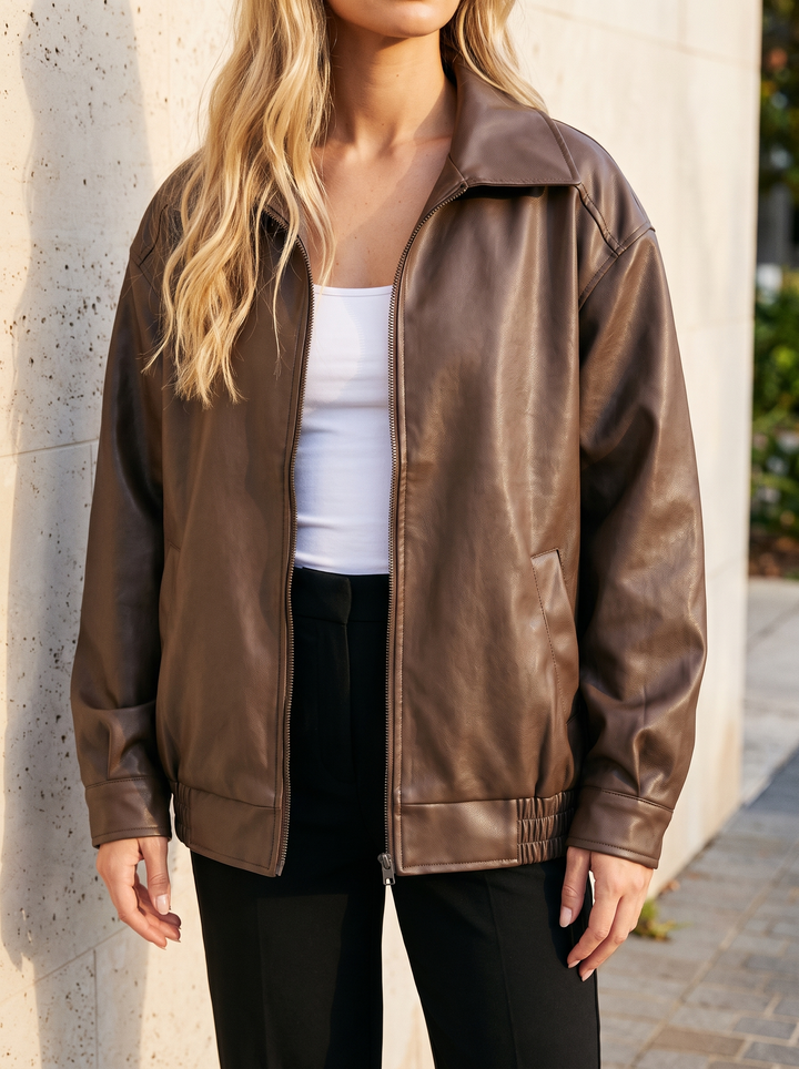 Oversized Zip-Up Leather Bomber Jacket for women - view 1