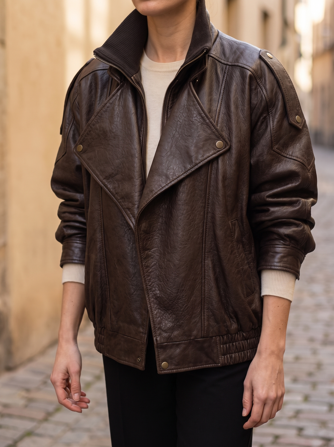 Oversized Brown Leather Bomber Jacket for women - view 1