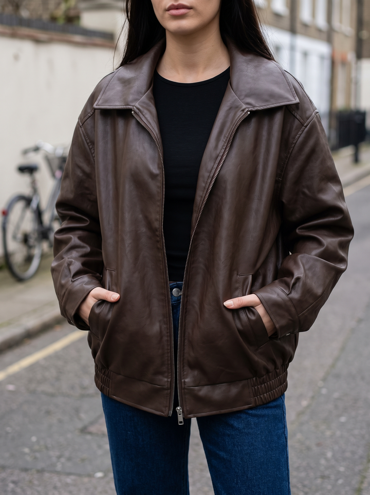 Spread Collar Leather Oversized Bomber Jacket for women - view 1