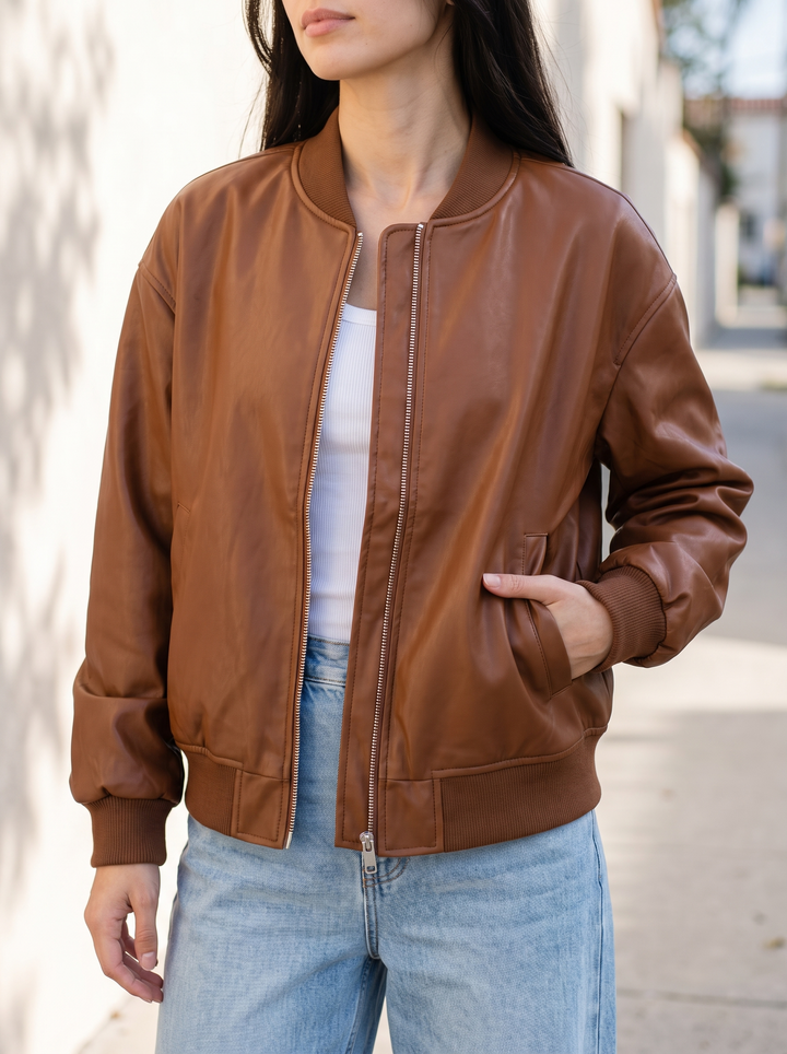 Oversized Ribbed Leather Bomber Jacket for women - view 1