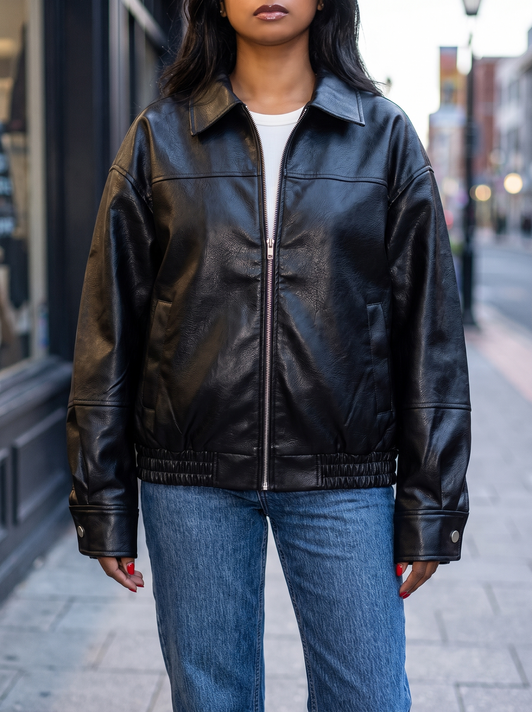 Black Faux Leather Oversized Bomber Jacket for women - view 1
