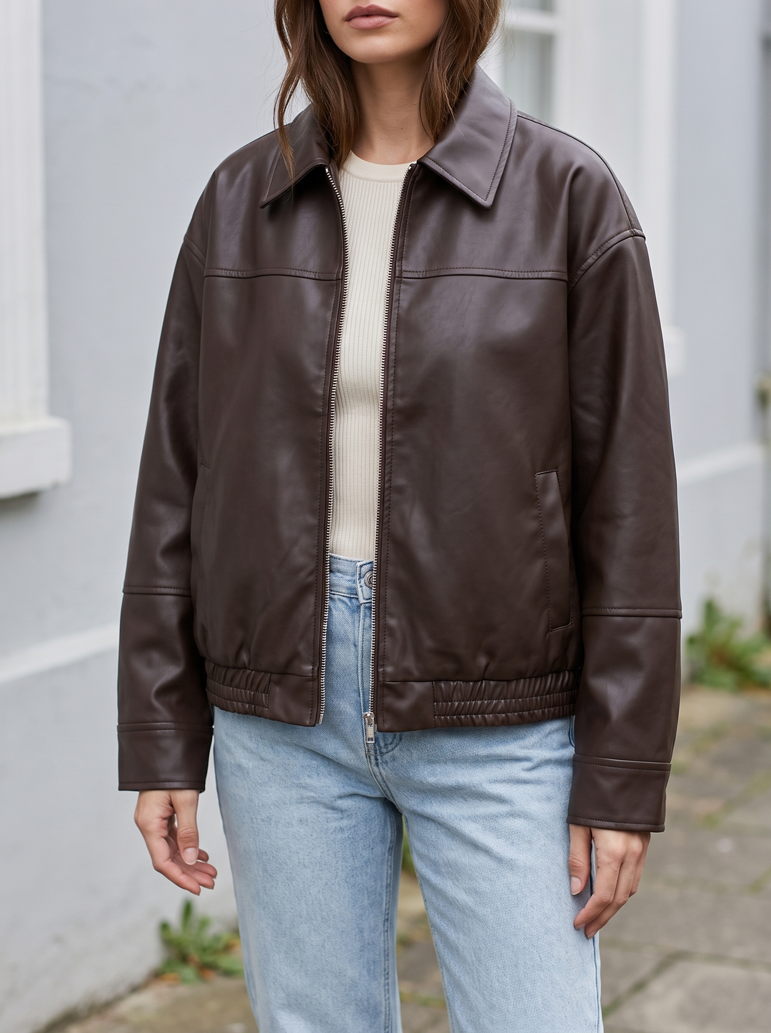 Dark Brown Oversized Faux Leather Jacket for women - view 1