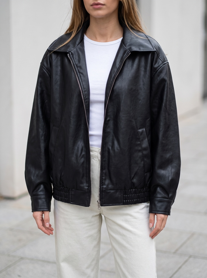 Elasticated Hem Oversized Faux Leather Jacket for women - view 1