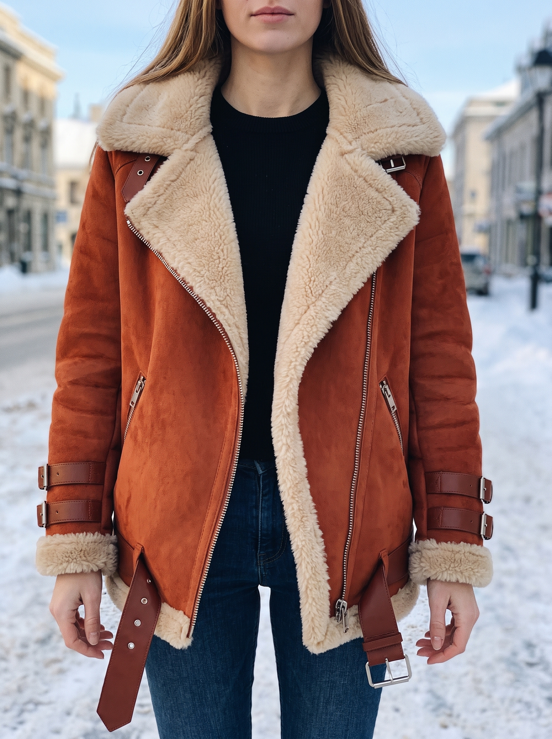Faux Fur Lined Oversized Suede Moto Jacket for women - view 1