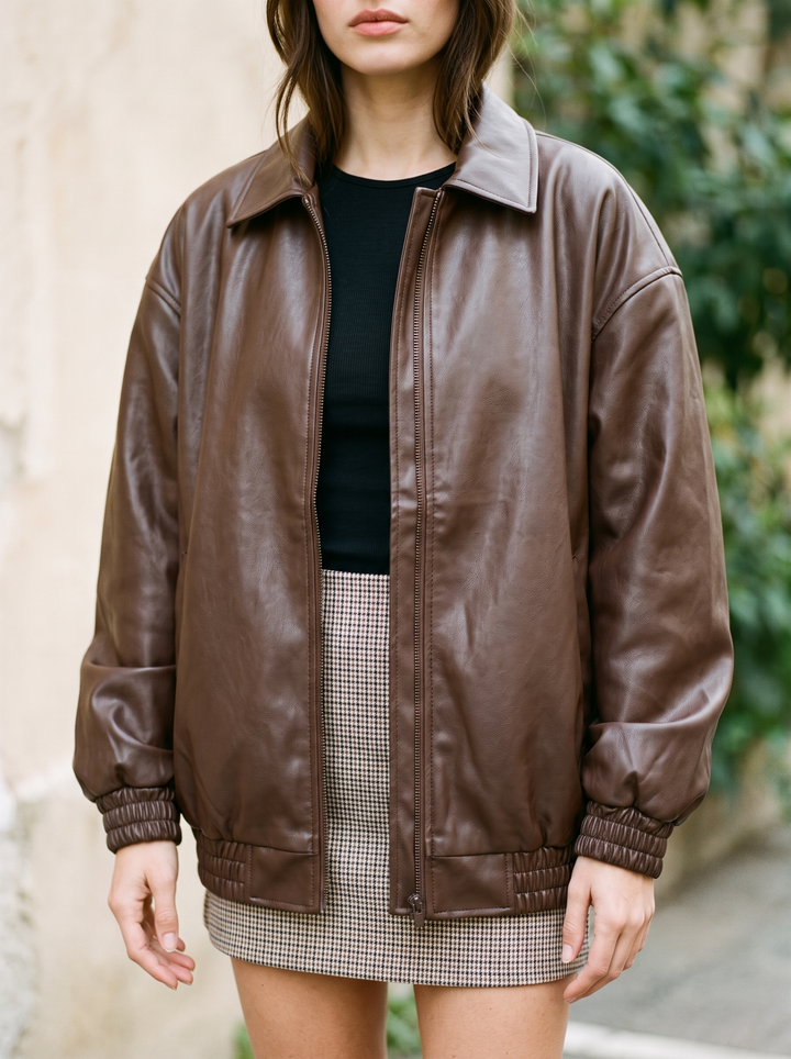 Oversized Faux Leather Zip-Up Bomber Jacket for women - view 1
