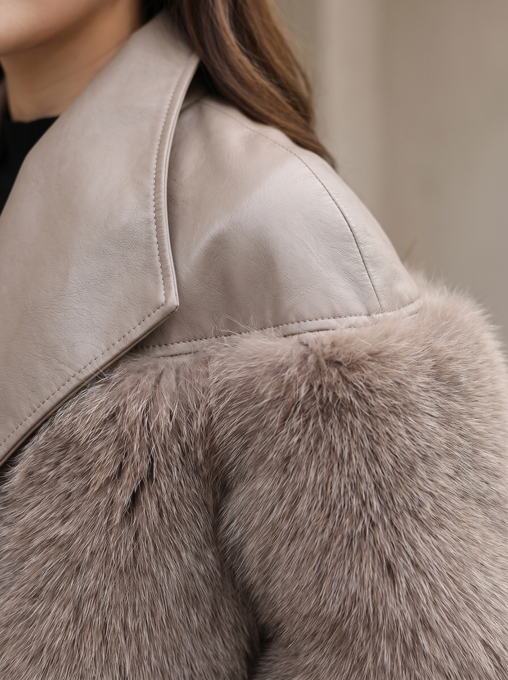 Faux Fur Oversized Leather Jacket for women - collar detail