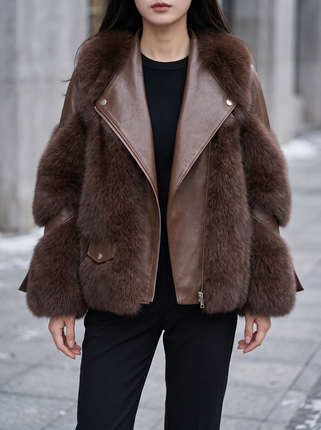 Faux Fur Oversized Leather Jacket for women - in brown