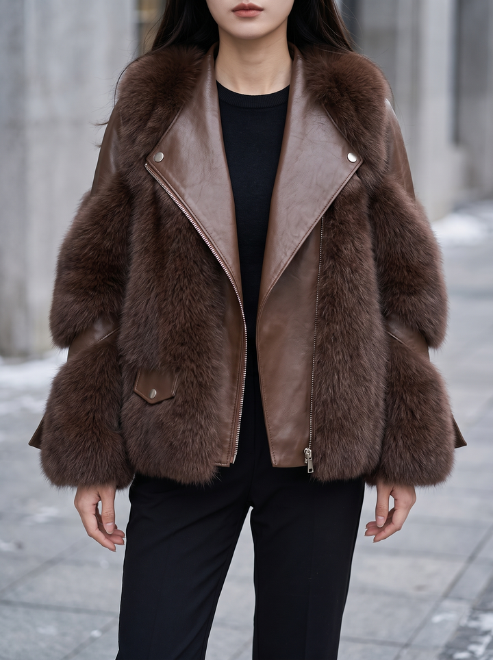 Faux Fur Oversized Leather Jacket for women - in brown