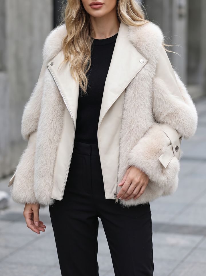 Faux Fur Oversized Leather Jacket for women - in white