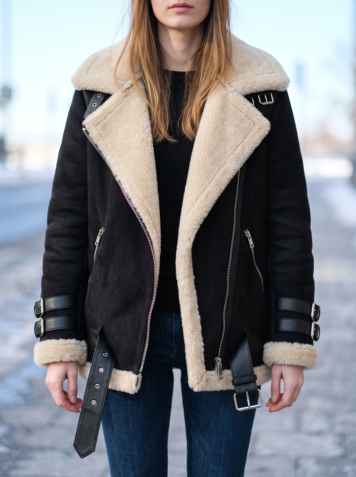 Faux Fur Lined Oversized Suede Moto Jacket for women - in black