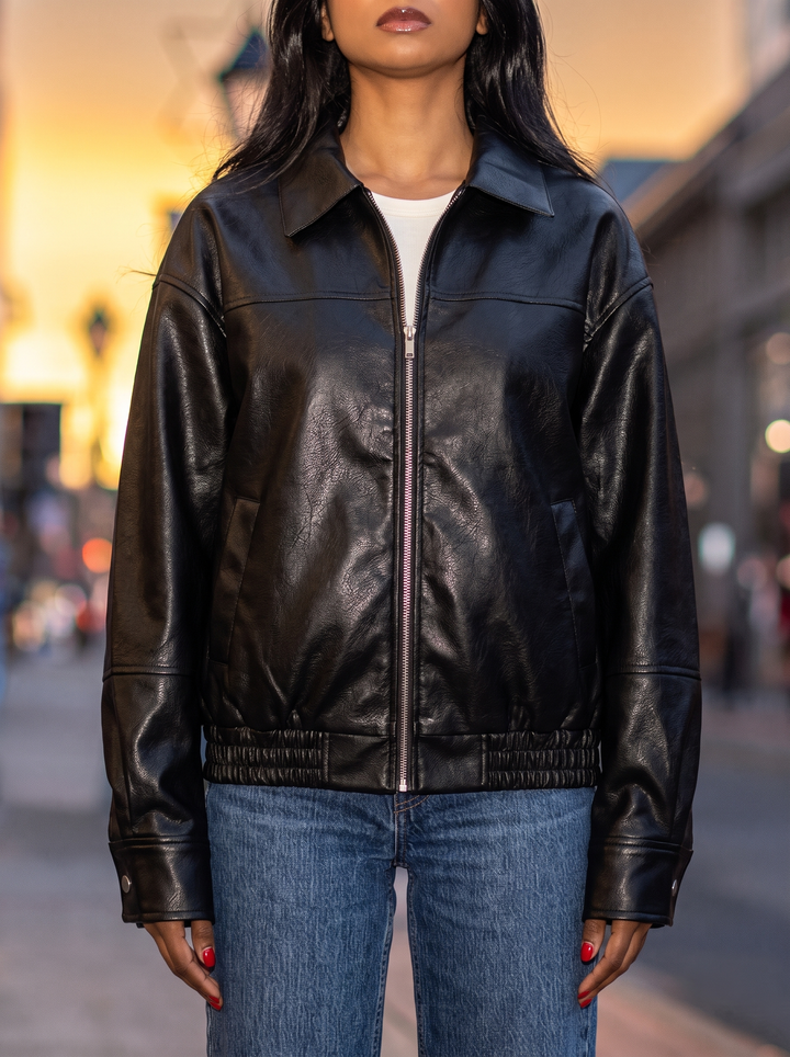 Black Faux Leather Oversized Bomber Jacket for women - view 1