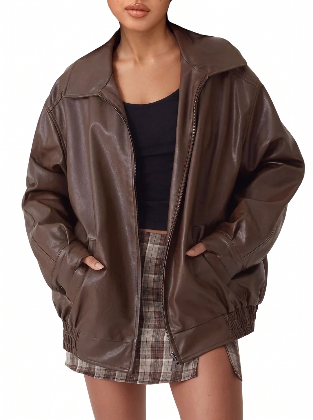 Spread Collar Leather Oversized Bomber Jacket for women - view 1