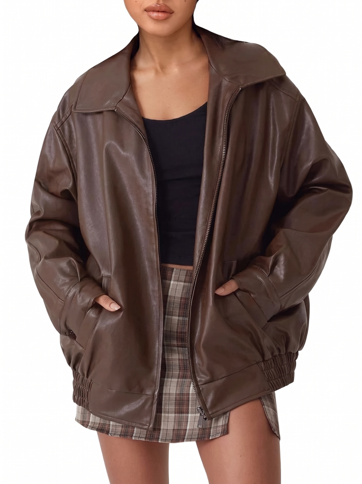 Spread Collar Leather Oversized Bomber Jacket for women - view 1