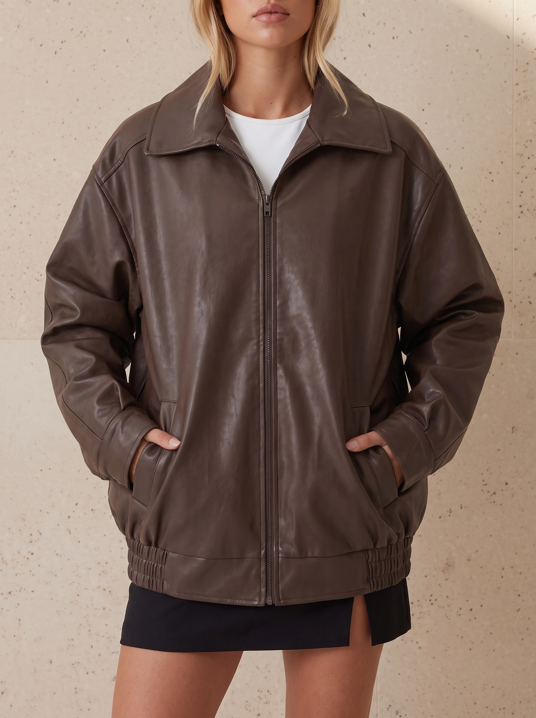Oversized Zip-Up Leather Bomber Jacket for women - view 1