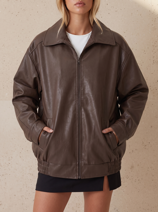 Oversized Zip-Up Leather Bomber Jacket for women - view 1