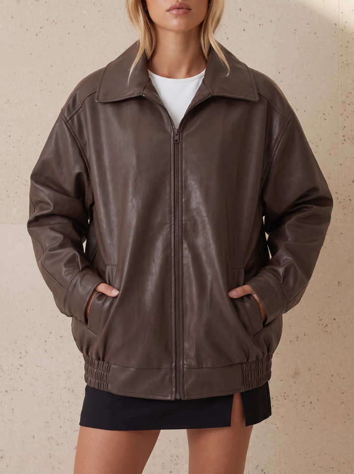 Oversized Zip-Up Leather Bomber Jacket for women - view 1