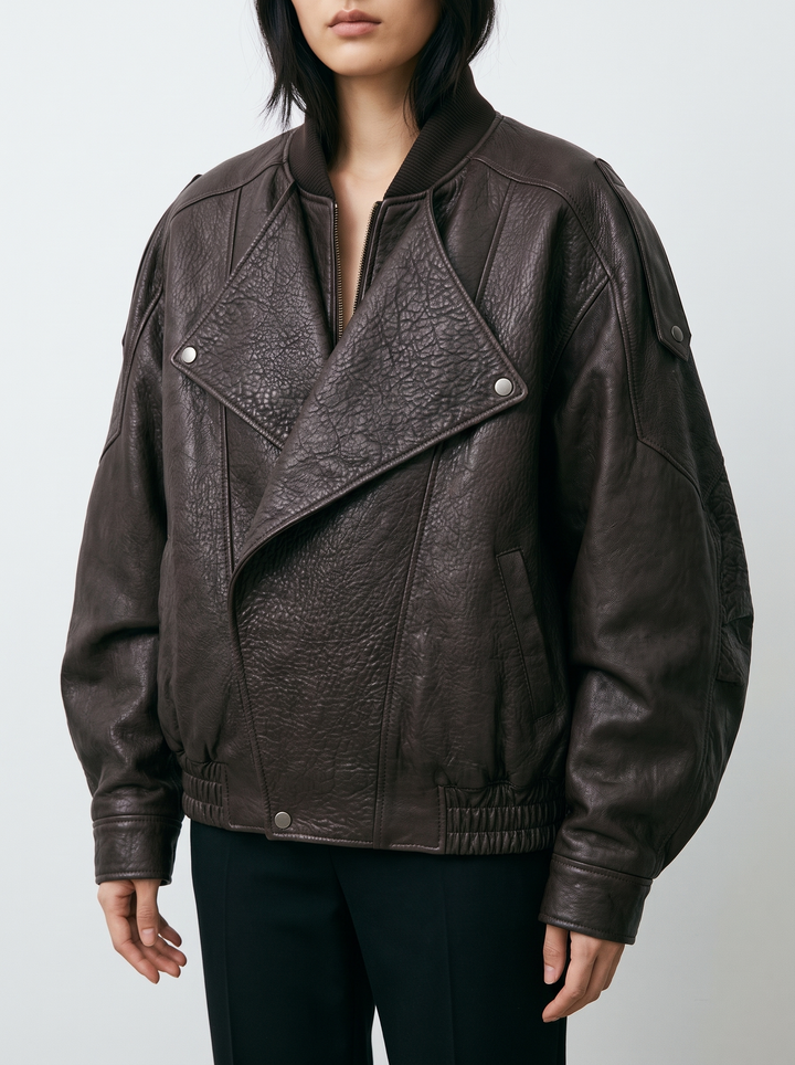 Oversized Brown Leather Bomber Jacket for women - view 1