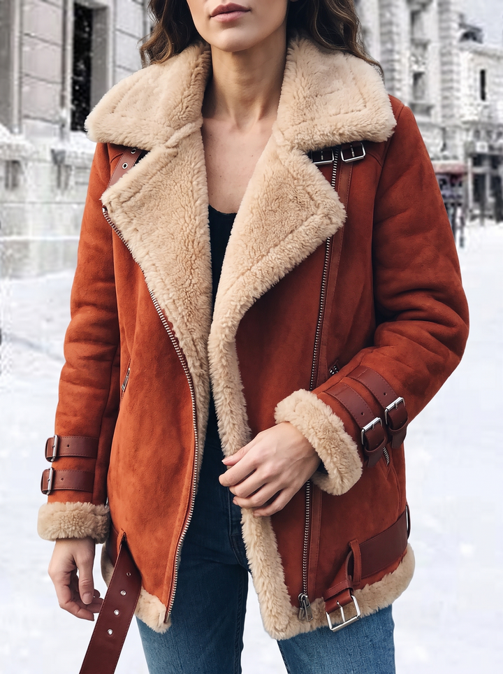 Faux Fur Lined Oversized Suede Moto Jacket for women - view 1