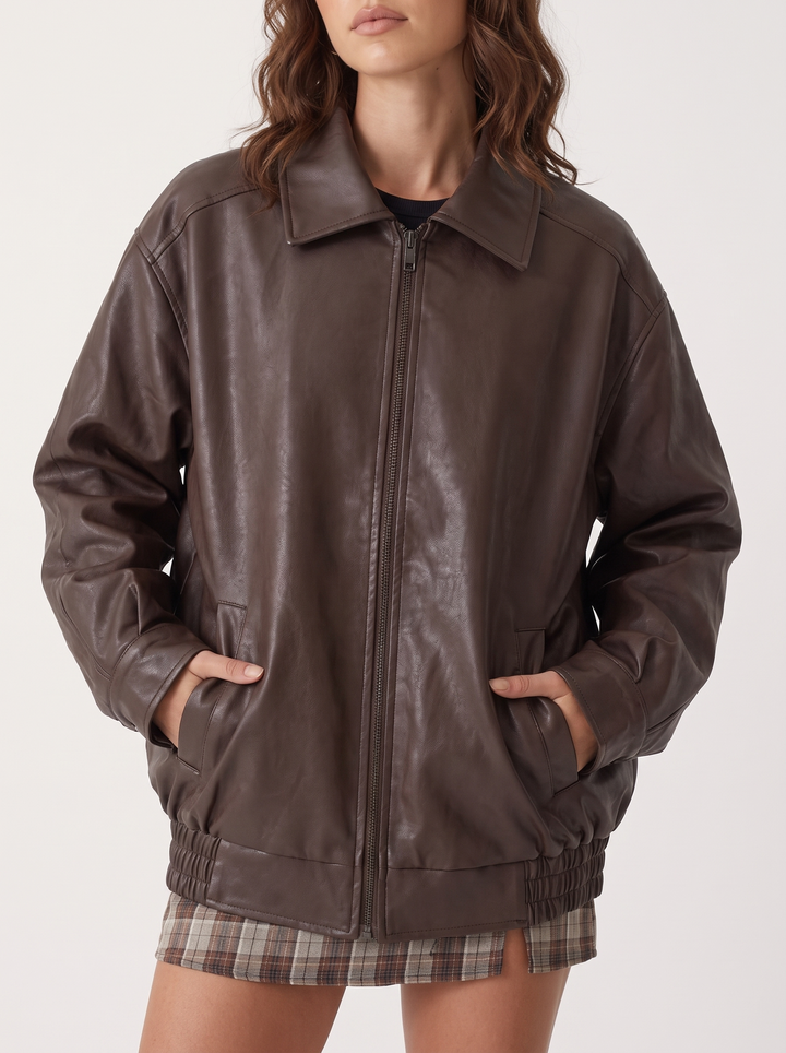 Oversized Faux Leather Zip-Up Bomber Jacket for women - view 1