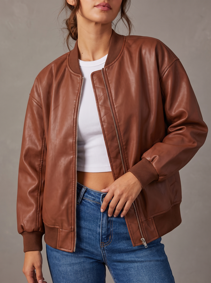 Oversized Ribbed Leather Bomber Jacket for women - view 1