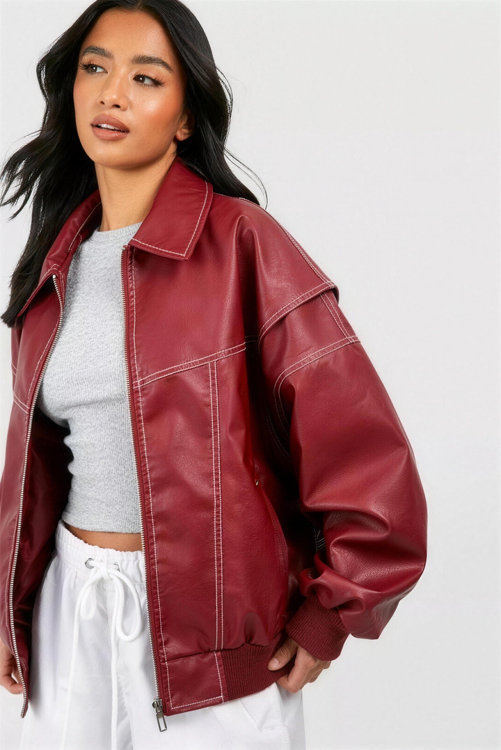 Oversized Faux Leather Bomber Jacket for women - view 1