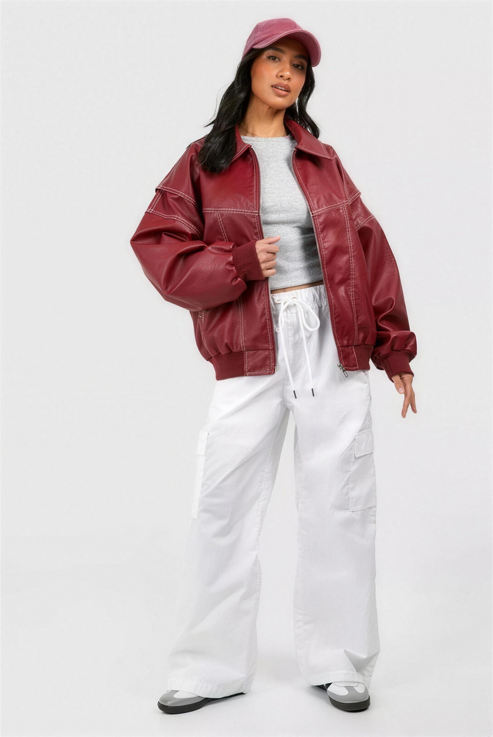 Oversized Faux Leather Bomber Jacket for women - view 4