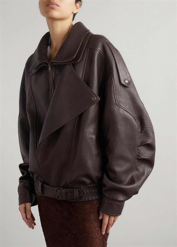 Oversized Brown Leather Bomber Jacket for women - view 1