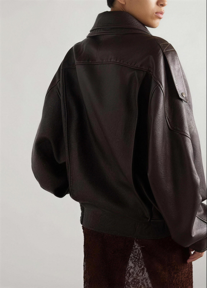 Oversized Brown Leather Bomber Jacket for women - view 3