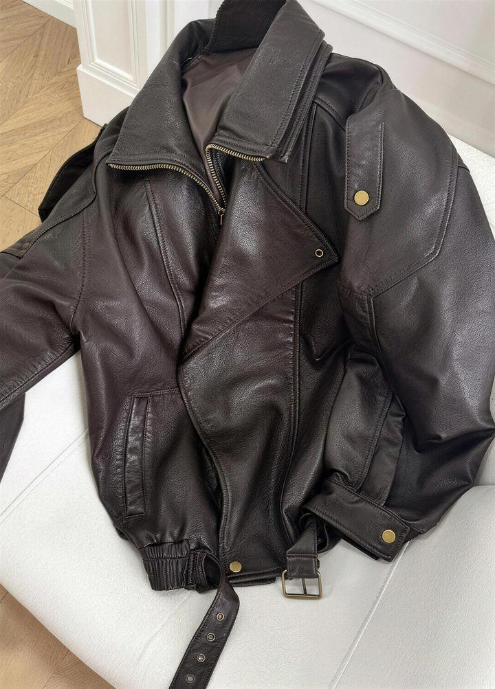 Oversized Brown Leather Bomber Jacket for women - view 4
