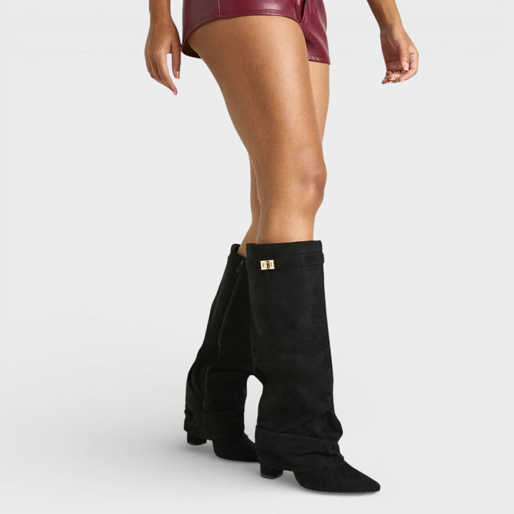 Ruched Pointed Toe Knee High Boots — knee high boots for women in beige