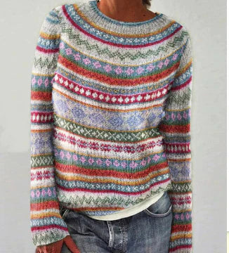 Giselle Crew Neck Knit Sweater Wool Blend for Women in Rot-Weiß-Orange