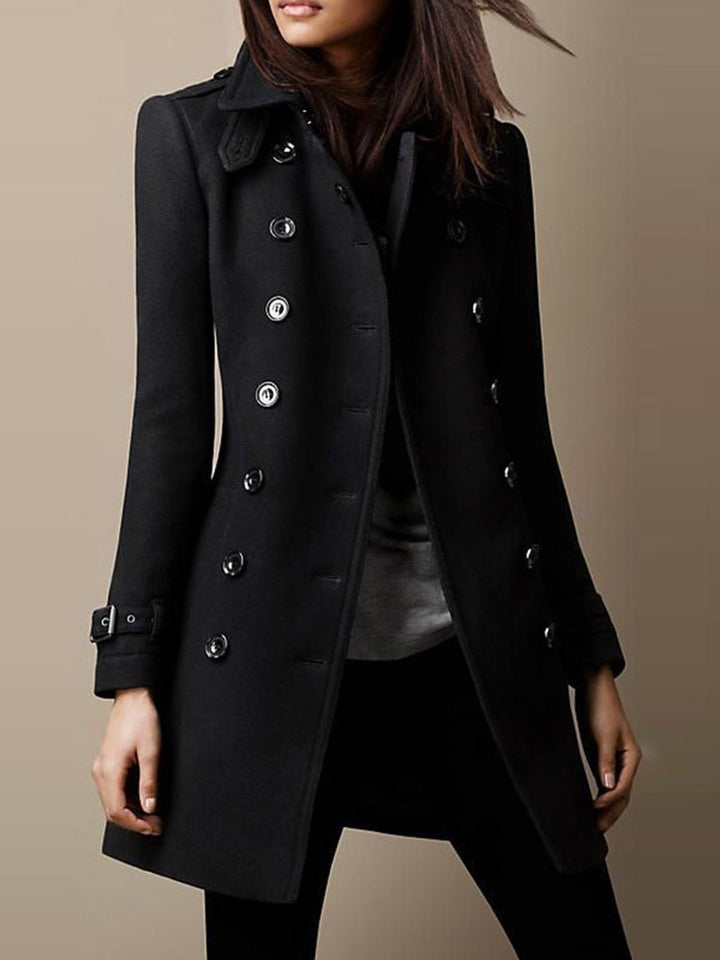 Léontine Brushed Winter Coat Notch Lapel Double Breasted for Women in Black