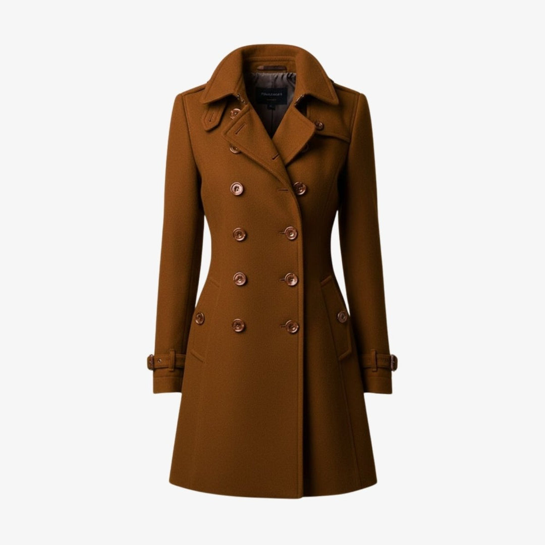Eglantine Double Breasted Wool Blend Trench Coat Longline for Women in Camel