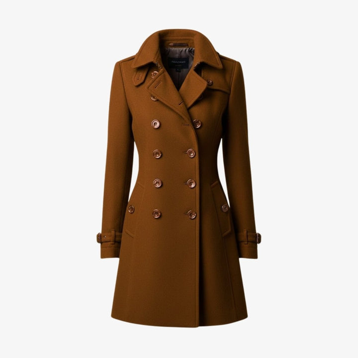 Eglantine Double Breasted Wool Blend Trench Coat Longline for Women in Camel