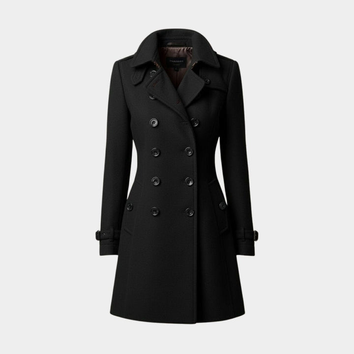 Eglantine Double Breasted Wool Blend Trench Coat Longline for Women in Black