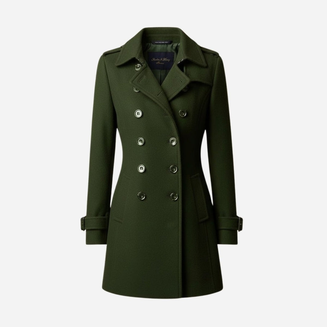 Eglantine Double Breasted Wool Blend Trench Coat Longline for Women in Army Green