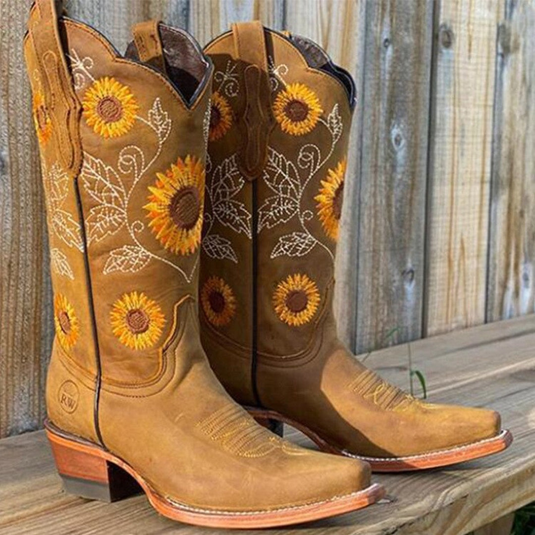 Sunflower Embroidered Western Boots — cowboy boots for women in khaki