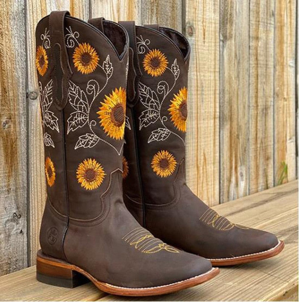 Sunflower Embroidered Western Boots — cowboy boots for women in khaki