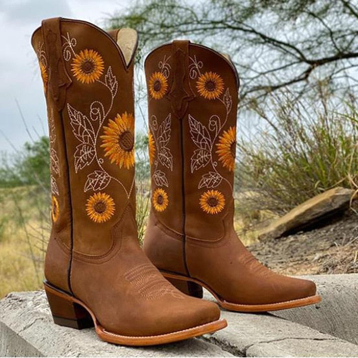 Sunflower Embroidered Western Boots — cowboy boots for women in khaki