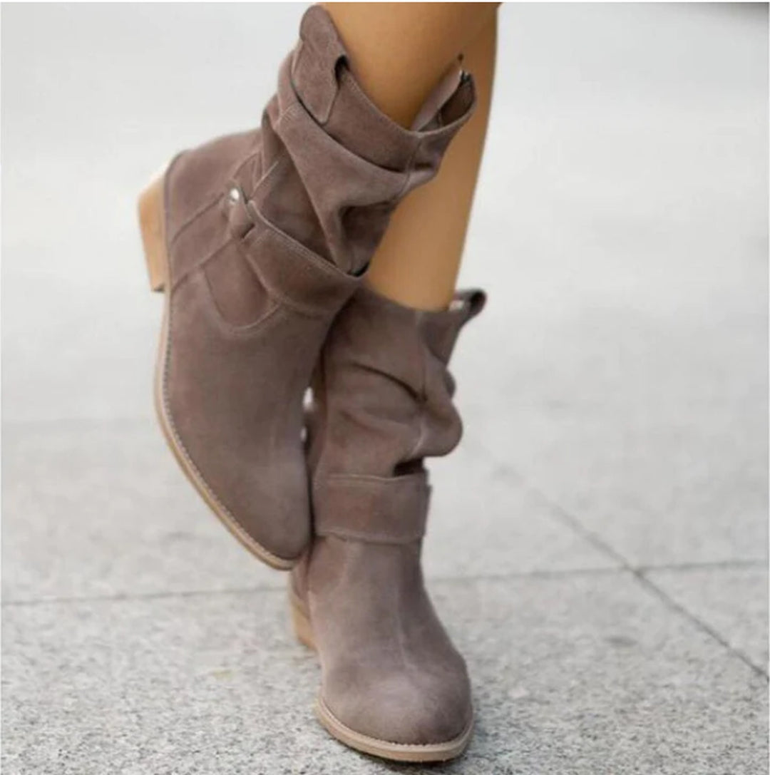 Slouch Suede Mid Calf Boots — knee high boots for women in black