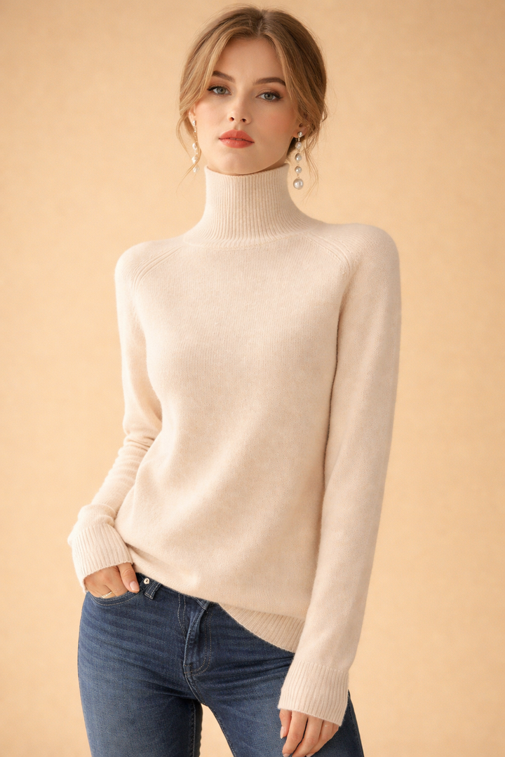 Karivelle Classic Turtleneck Knit Sweater Crew Neck for Women in Cream