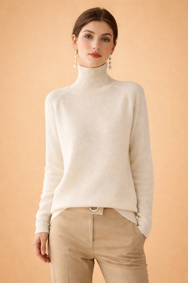 Karivelle Classic Turtleneck Knit Sweater Crew Neck for Women in Ivory