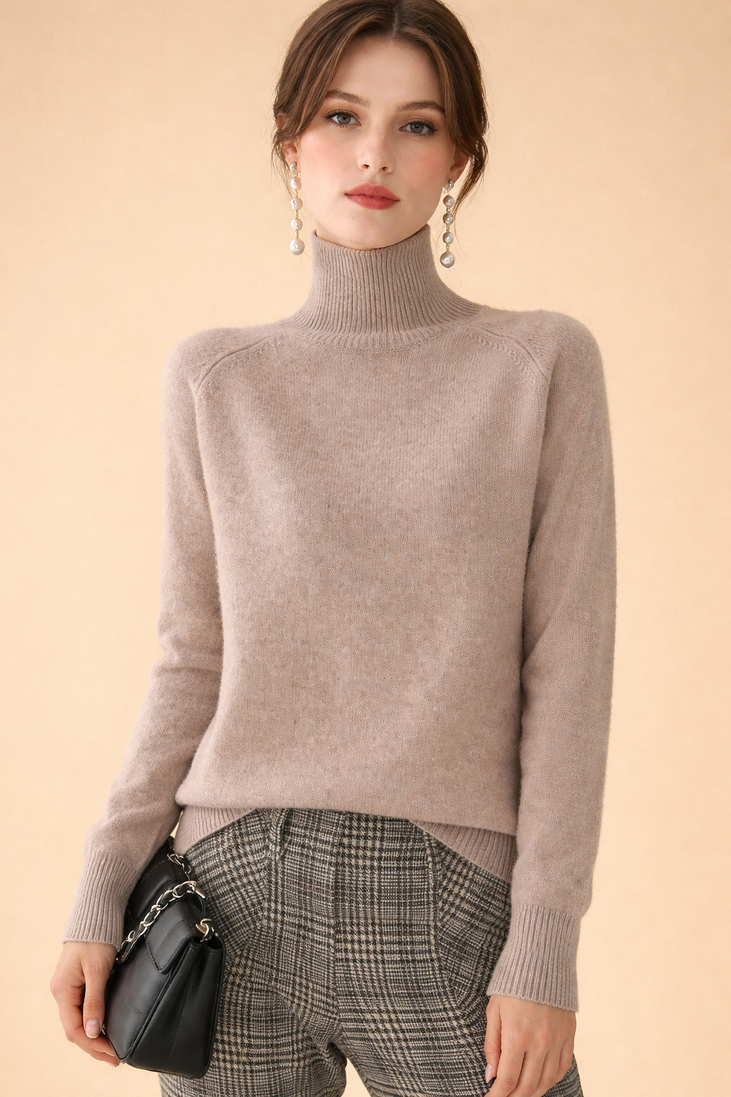 Karivelle Classic Turtleneck Knit Sweater Crew Neck for Women in Beige