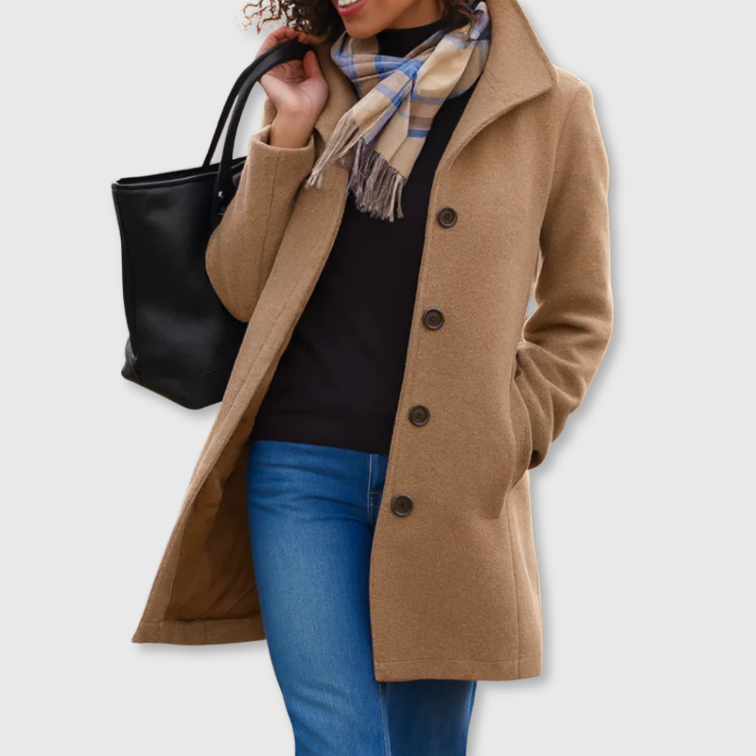 Fantine Classic Winter Coat Button Front Collared Mid Length for Women in Khaki