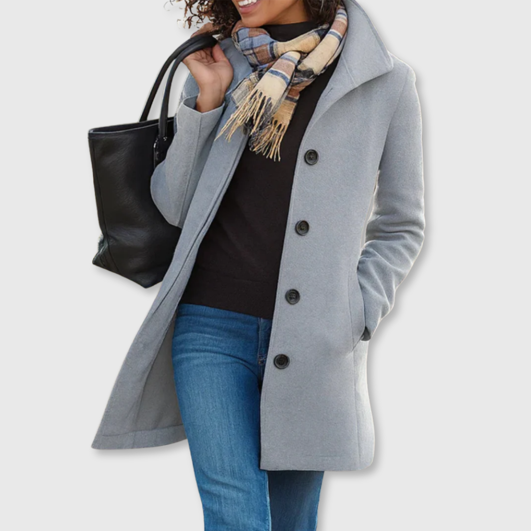 Fantine Classic Winter Coat Button Front Collared Mid Length for Women in Light Gray