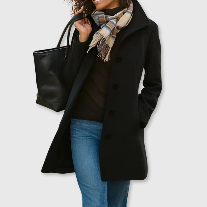 Fantine Classic Winter Coat Button Front Collared Mid Length for Women in Black