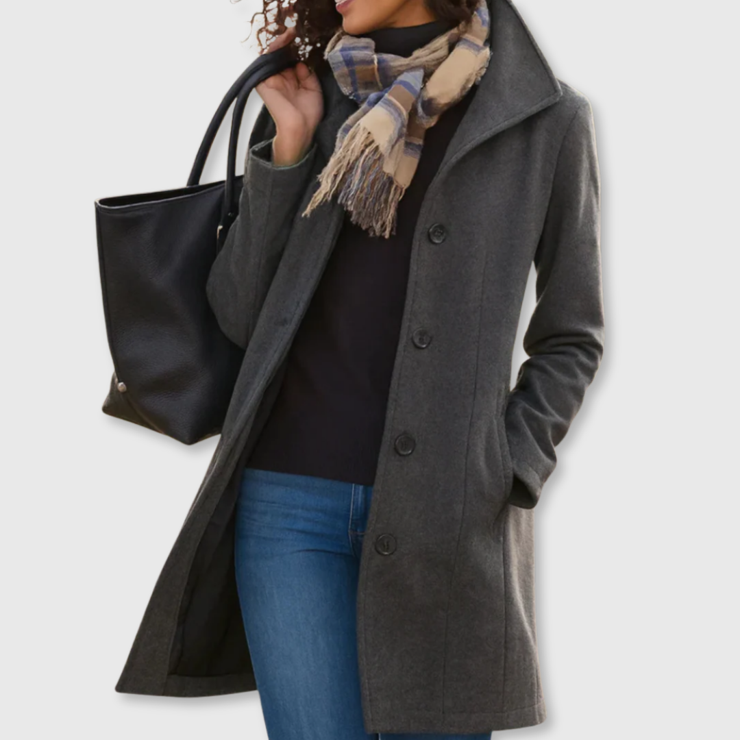 Fantine Classic Winter Coat Button Front Collared Mid Length for Women in Gray